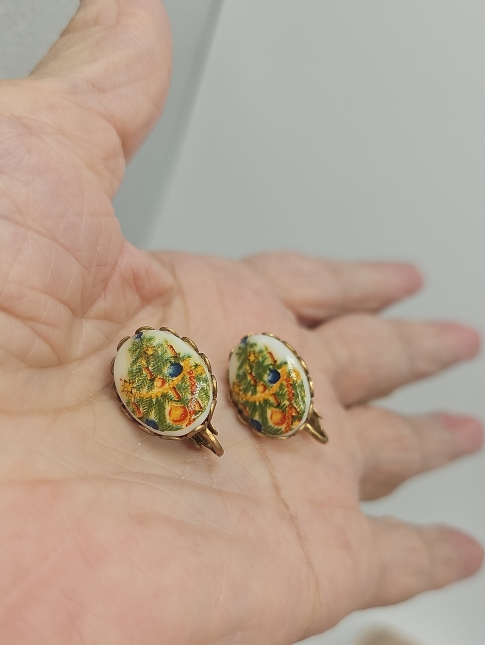 Gold-Tone Festive Christmas Tree Holiday Earrings with Colorful. Clip